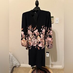 Tahari ASL Black Dress with Pink and Cream Floral Design. Size 8 NWT